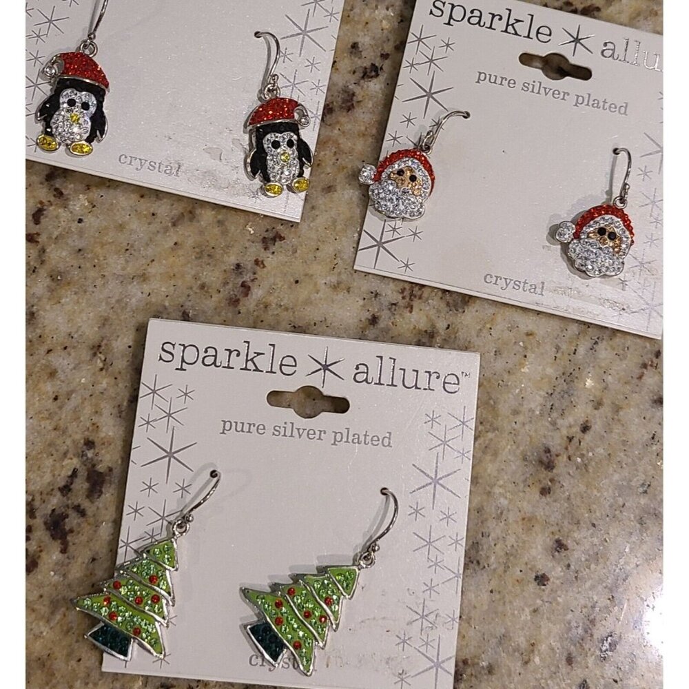 3 Pair Sparkle Allure Silver Plate Crystal Christmas Earrings Penguin Tree Santa